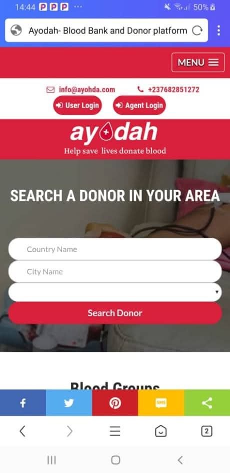 Screenshot of the Ayodah website on mobile showing the Search a donor in your area page.