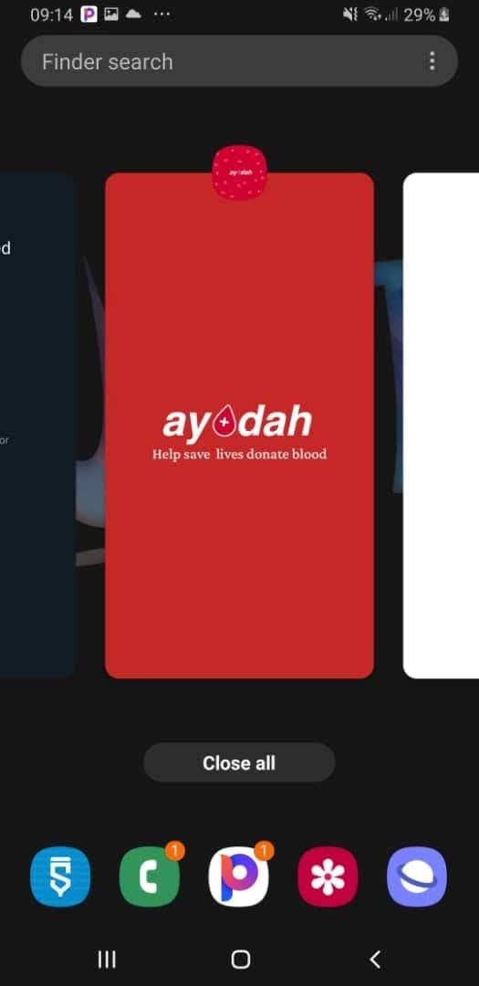 Ayodah app card shown in the phone's recent apps overview.